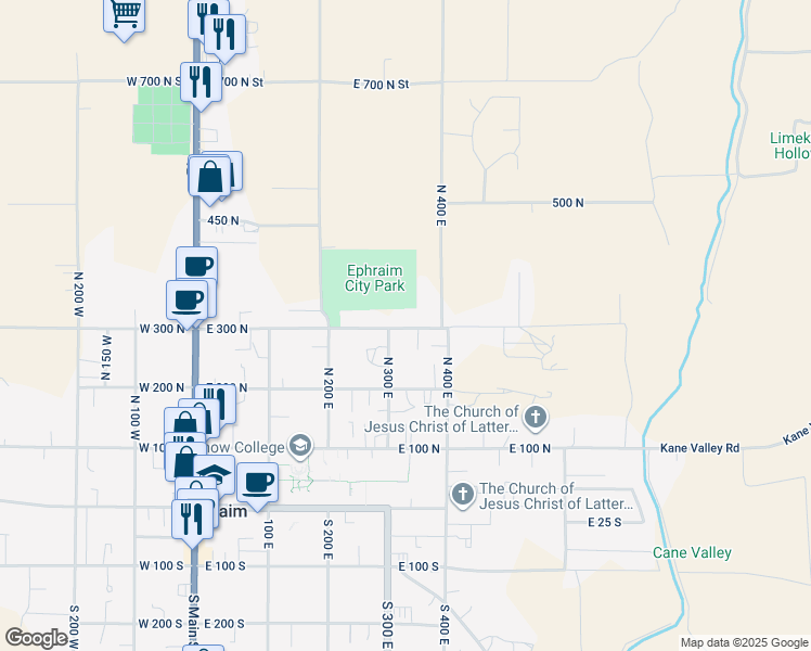map of restaurants, bars, coffee shops, grocery stores, and more near 335 East 300 North in Ephraim