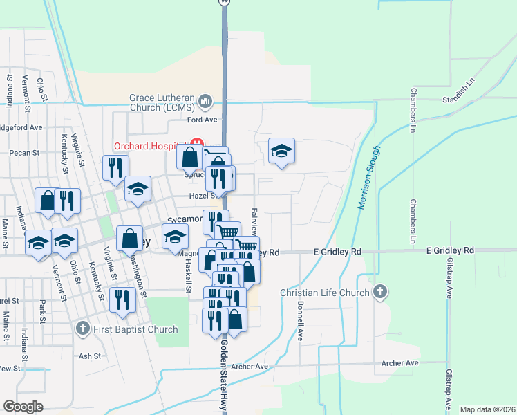 map of restaurants, bars, coffee shops, grocery stores, and more near 540 Fairview Drive in Gridley
