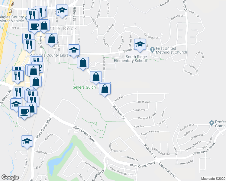 map of restaurants, bars, coffee shops, grocery stores, and more near 940 Bishop Court in Castle Rock
