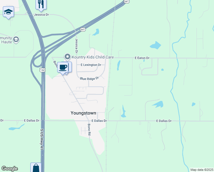 map of restaurants, bars, coffee shops, grocery stores, and more near 2315 Evergreen Court in Terre Haute