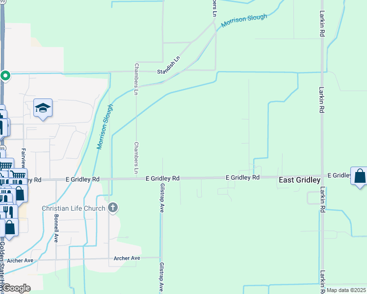 map of restaurants, bars, coffee shops, grocery stores, and more near 335 East Gridley Road in Gridley