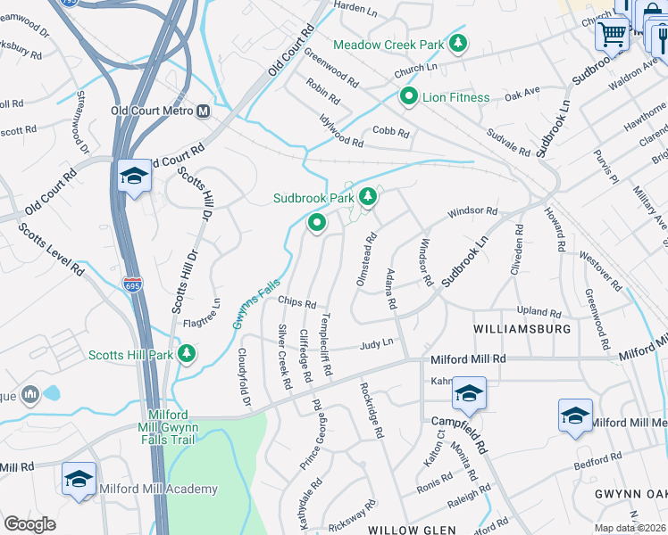 map of restaurants, bars, coffee shops, grocery stores, and more near 820 Templecliff Road in Pikesville