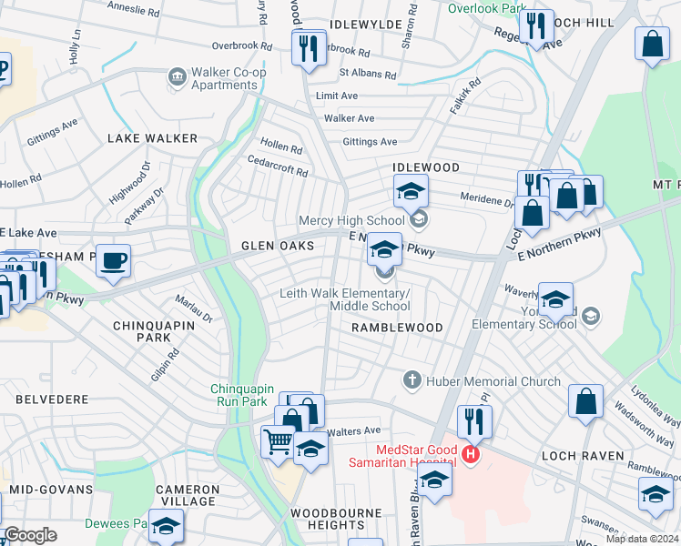 map of restaurants, bars, coffee shops, grocery stores, and more near 5937 The Alameda in Baltimore