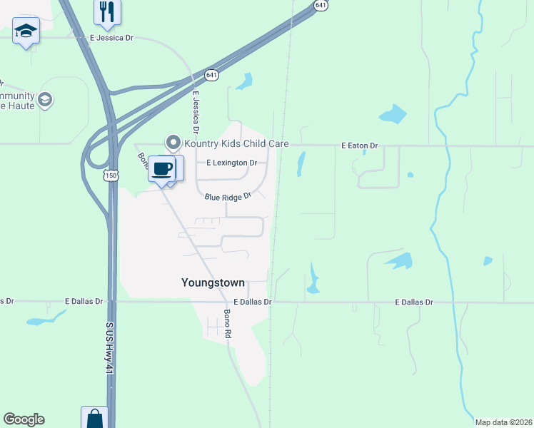 map of restaurants, bars, coffee shops, grocery stores, and more near 2307 Evergreen Court in Terre Haute