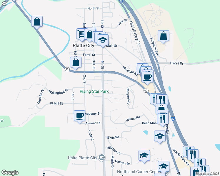 map of restaurants, bars, coffee shops, grocery stores, and more near 1016 Mary Kay Lane in Platte City