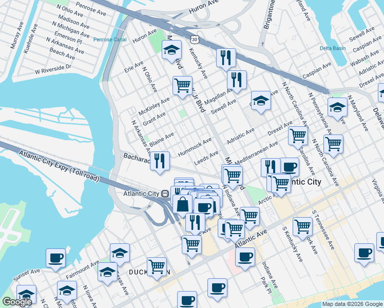 map of restaurants, bars, coffee shops, grocery stores, and more near 1805 Leeds Avenue in Atlantic City