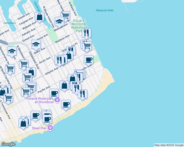 map of restaurants, bars, coffee shops, grocery stores, and more near 121 Seaside Avenue in Atlantic City