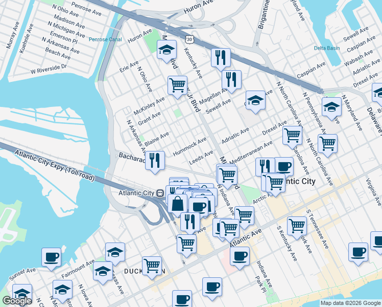 map of restaurants, bars, coffee shops, grocery stores, and more near 1805 Leeds Avenue in Atlantic City