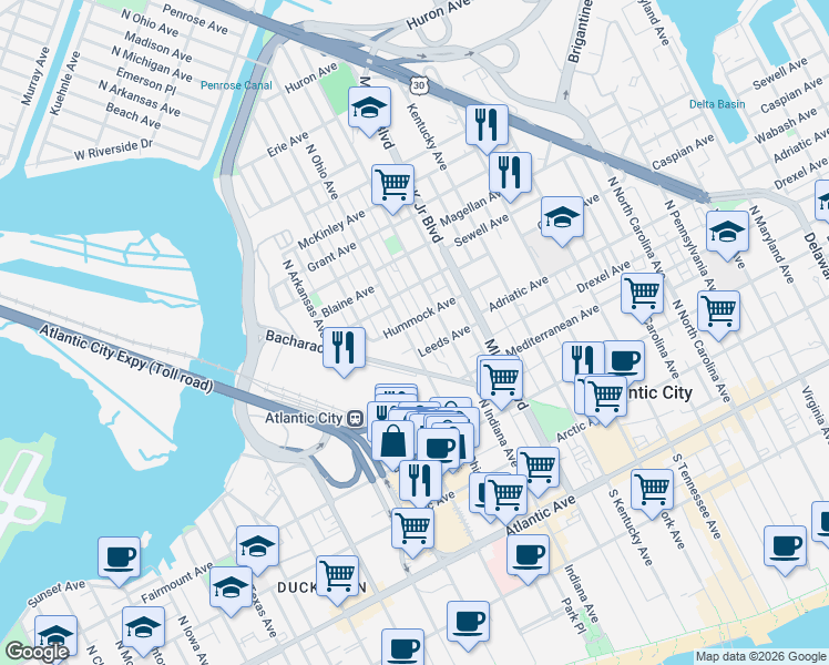 map of restaurants, bars, coffee shops, grocery stores, and more near 1805 Leeds Avenue in Atlantic City
