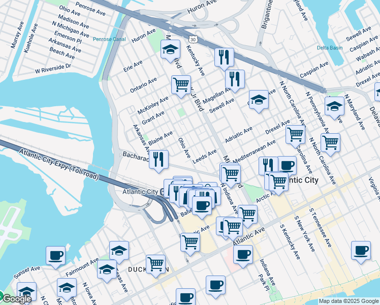 map of restaurants, bars, coffee shops, grocery stores, and more near 1805 Leeds Avenue in Atlantic City