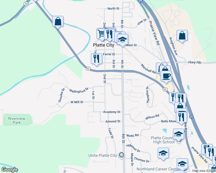 map of restaurants, bars, coffee shops, grocery stores, and more near in Platte City