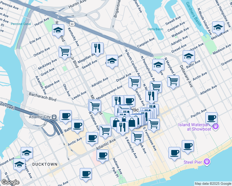 map of restaurants, bars, coffee shops, grocery stores, and more near 233 North New York Avenue in Atlantic City