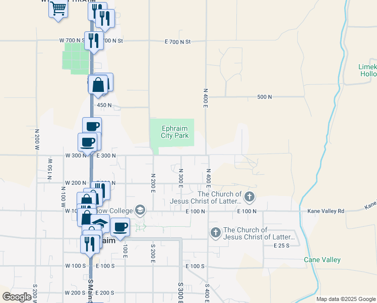 map of restaurants, bars, coffee shops, grocery stores, and more near 335 East 300 North in Ephraim