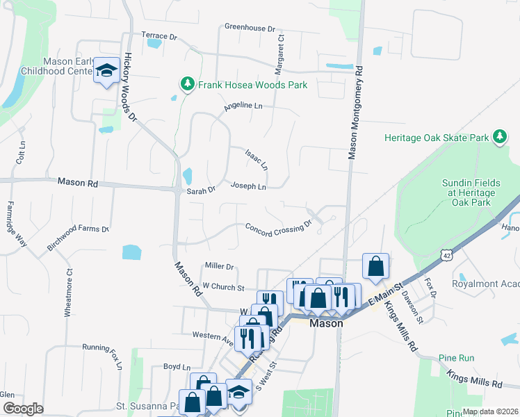 map of restaurants, bars, coffee shops, grocery stores, and more near 5035 Revere Court in Mason
