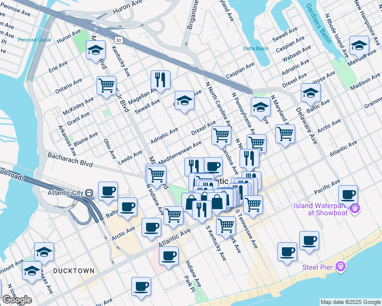 map of restaurants, bars, coffee shops, grocery stores, and more near 233 North New York Avenue in Atlantic City
