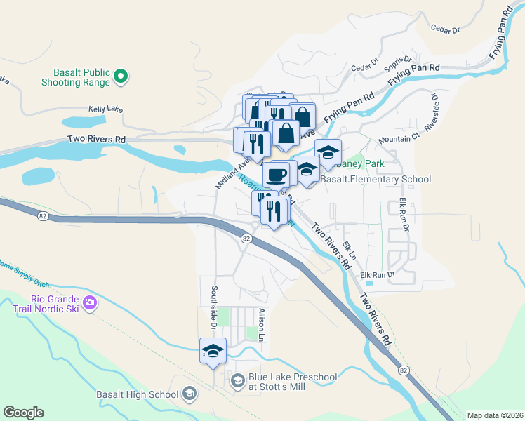 map of restaurants, bars, coffee shops, grocery stores, and more near 100-110 Basalt Ave in Basalt