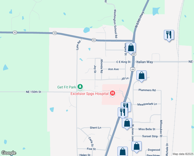 map of restaurants, bars, coffee shops, grocery stores, and more near 2004 Rhonda Road in Excelsior Springs