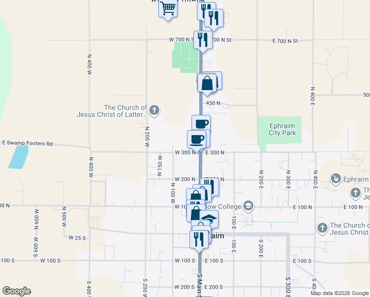 map of restaurants, bars, coffee shops, grocery stores, and more near 56 West 300 North in Ephraim