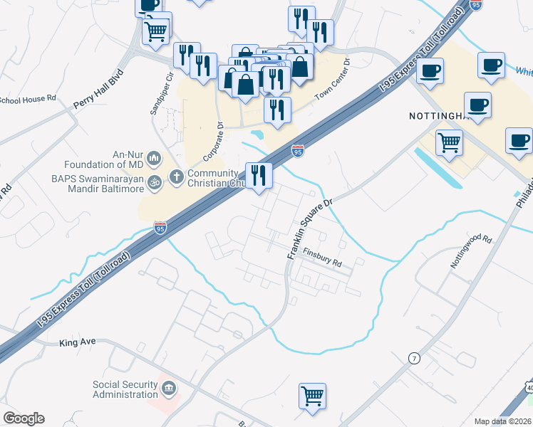 map of restaurants, bars, coffee shops, grocery stores, and more near 386 Attenborough Drive in Baltimore