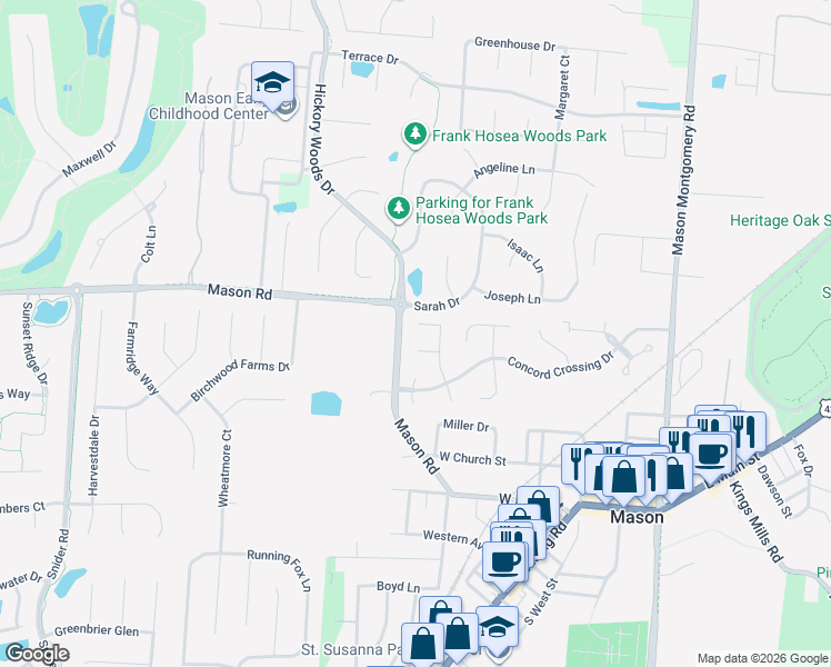 map of restaurants, bars, coffee shops, grocery stores, and more near 5041 Lexington Court in Mason