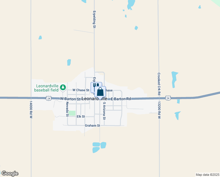 map of restaurants, bars, coffee shops, grocery stores, and more near 209 West Chase Street in Leonardville