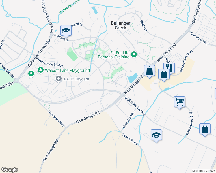 map of restaurants, bars, coffee shops, grocery stores, and more near 4915B Meridian Way in Frederick