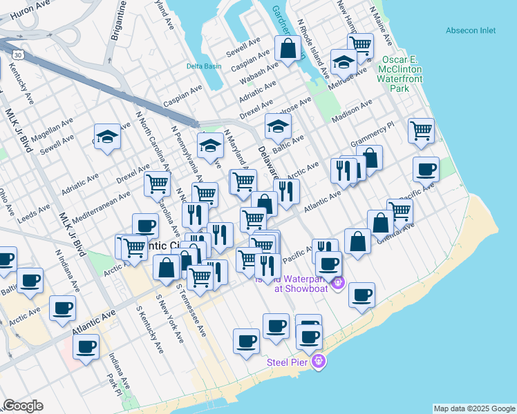 map of restaurants, bars, coffee shops, grocery stores, and more near 44 North Maryland Avenue in Atlantic City