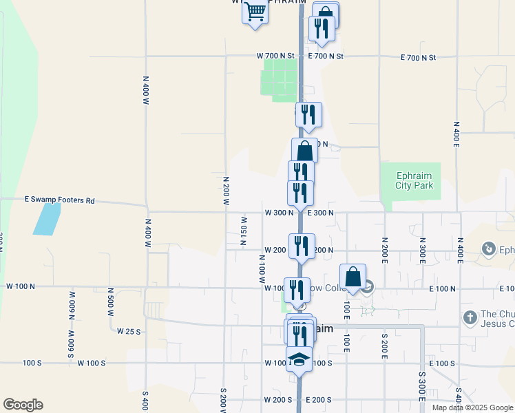 map of restaurants, bars, coffee shops, grocery stores, and more near 340 North 100 West in Ephraim