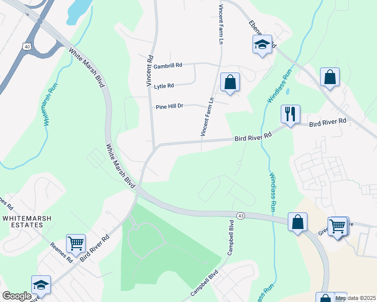 map of restaurants, bars, coffee shops, grocery stores, and more near 10321 Bird River Road in Middle River