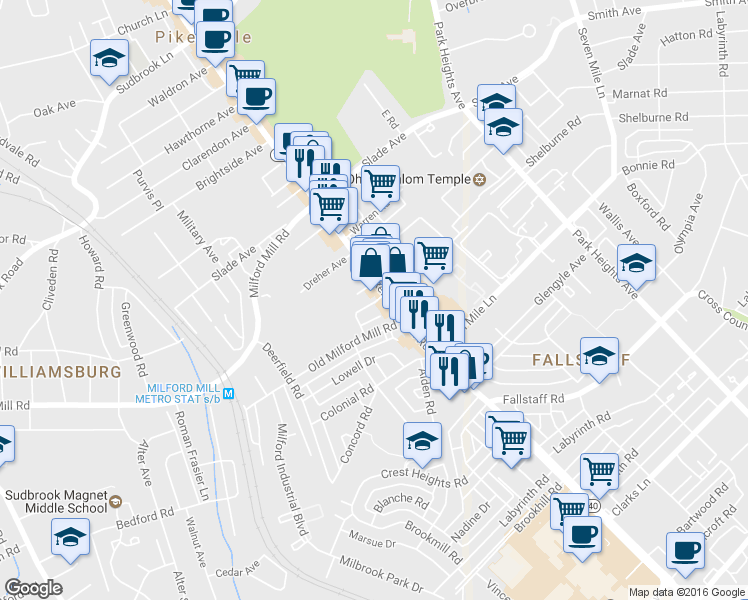 map of restaurants, bars, coffee shops, grocery stores, and more near 4118 Colby Road in Pikesville