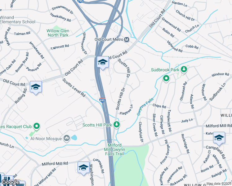 map of restaurants, bars, coffee shops, grocery stores, and more near 1005 Parkvalley Court in Pikesville