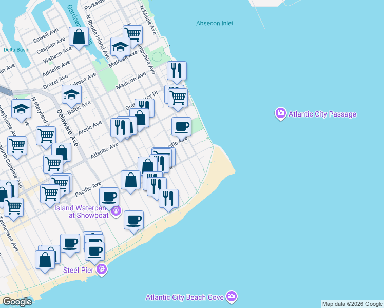 map of restaurants, bars, coffee shops, grocery stores, and more near 121 Seaside Avenue in Atlantic City