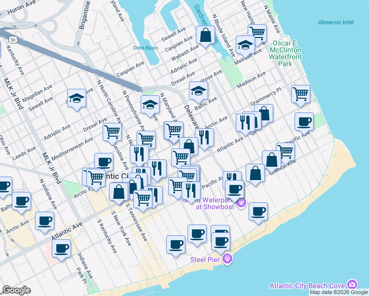 map of restaurants, bars, coffee shops, grocery stores, and more near 44 North Maryland Avenue in Atlantic City