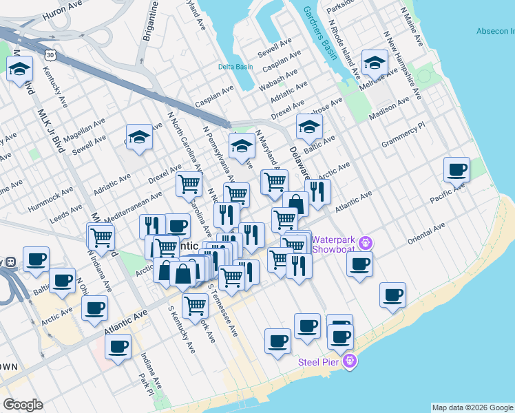 map of restaurants, bars, coffee shops, grocery stores, and more near 123 North Pennsylvania Avenue in Atlantic City