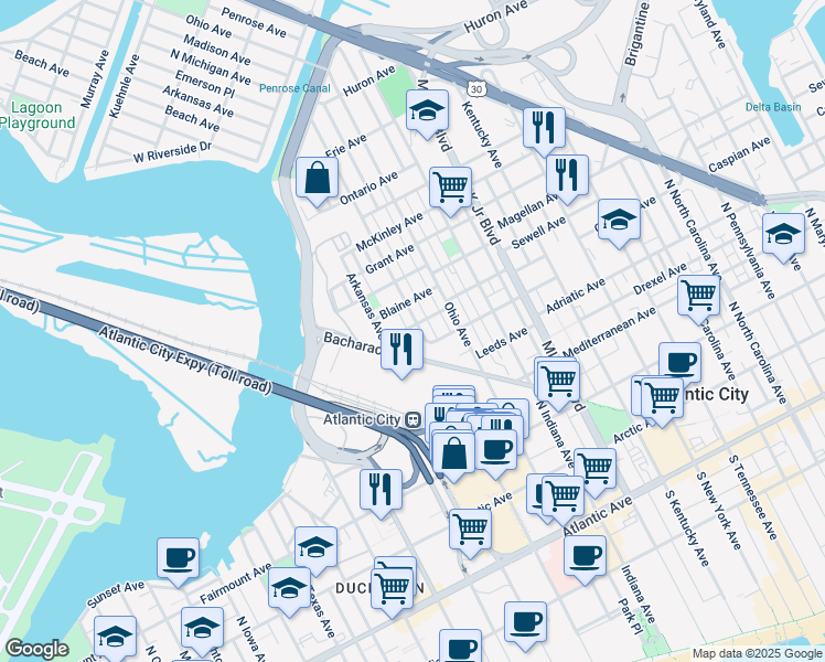 map of restaurants, bars, coffee shops, grocery stores, and more near 606 North Michigan Avenue in Atlantic City