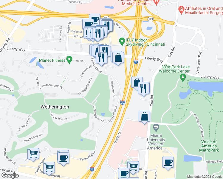 map of restaurants, bars, coffee shops, grocery stores, and more near 7313 Chatham Court in Wetherington