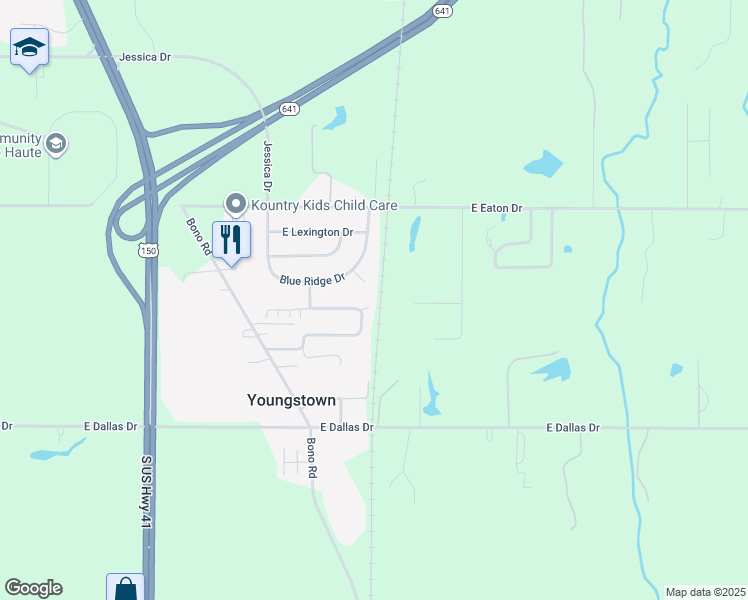 map of restaurants, bars, coffee shops, grocery stores, and more near 2315 Evergreen Court in Terre Haute