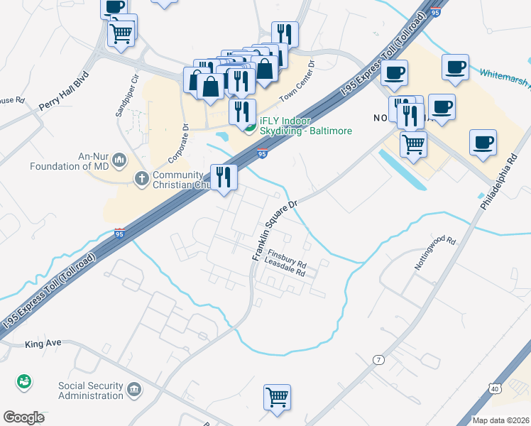 map of restaurants, bars, coffee shops, grocery stores, and more near 386 Attenborough Drive in Rosedale