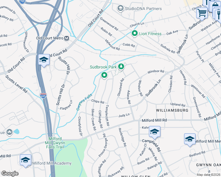 map of restaurants, bars, coffee shops, grocery stores, and more near 820 Templecliff Road in Pikesville
