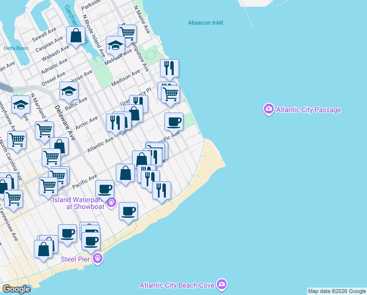 map of restaurants, bars, coffee shops, grocery stores, and more near 121 Seaside Avenue in Atlantic City