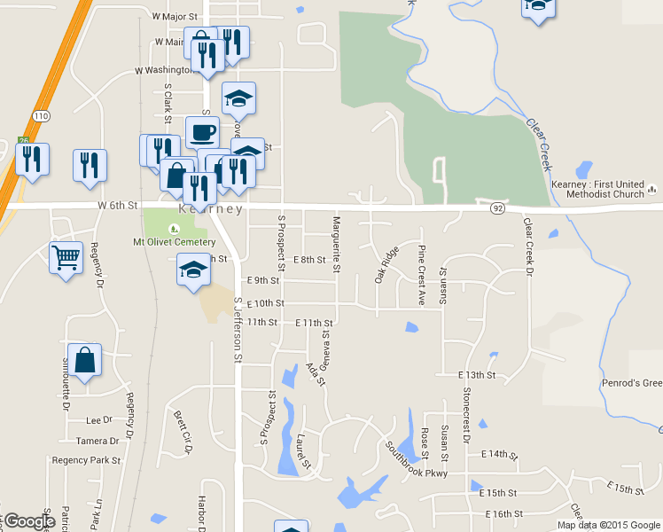 map of restaurants, bars, coffee shops, grocery stores, and more near 407 E 8th St in Kearney