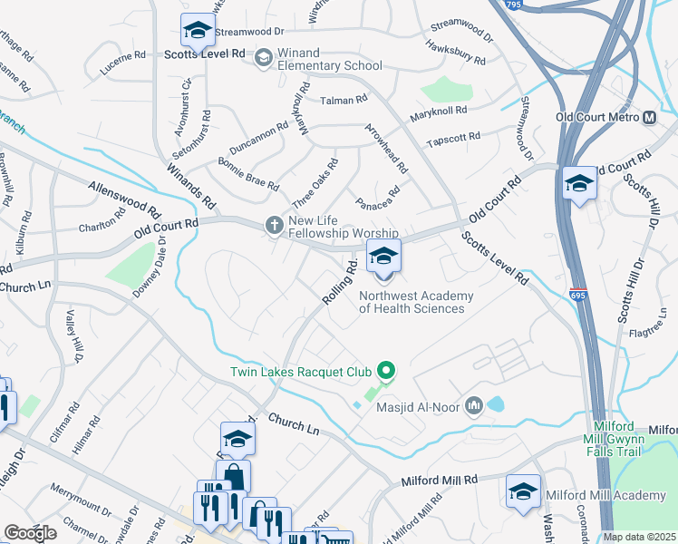 map of restaurants, bars, coffee shops, grocery stores, and more near 3926 Rolling Road in Pikesville
