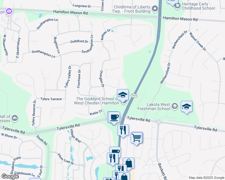 map of restaurants, bars, coffee shops, grocery stores, and more near 7534 Hunters Trail in WEST CHESTER