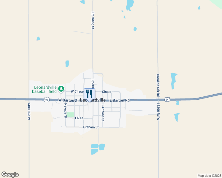 map of restaurants, bars, coffee shops, grocery stores, and more near 209 W Chase St in Leonardville