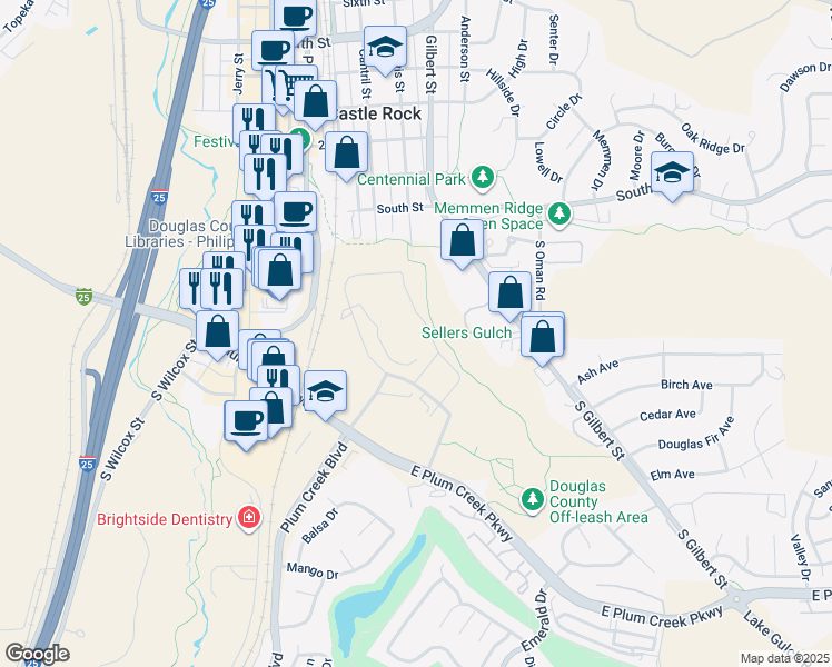 map of restaurants, bars, coffee shops, grocery stores, and more near 500 Fairgrounds Road in Castle Rock