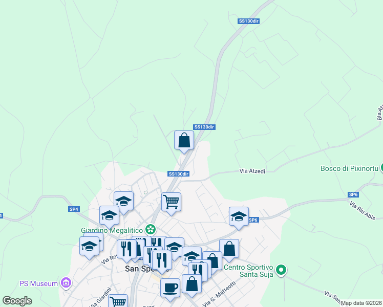 map of restaurants, bars, coffee shops, grocery stores, and more near 128 Via Monastir in San Sperate