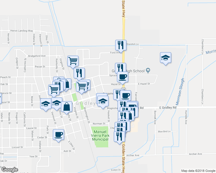 map of restaurants, bars, coffee shops, grocery stores, and more near 251 Hazel Street in Gridley