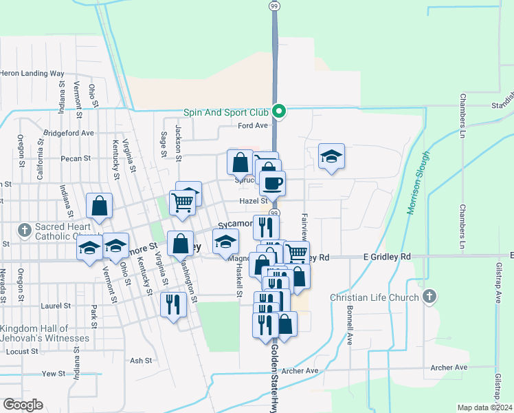 map of restaurants, bars, coffee shops, grocery stores, and more near 191 Hazel Street in Gridley