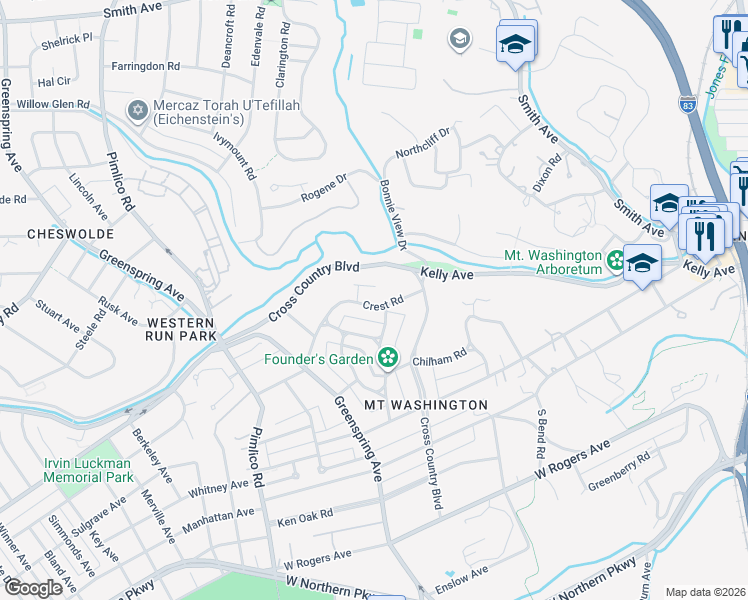 map of restaurants, bars, coffee shops, grocery stores, and more near 2212 Crest Road in Baltimore