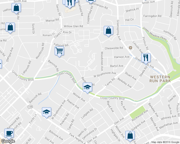 map of restaurants, bars, coffee shops, grocery stores, and more near 2835 Baneberry Court in Baltimore